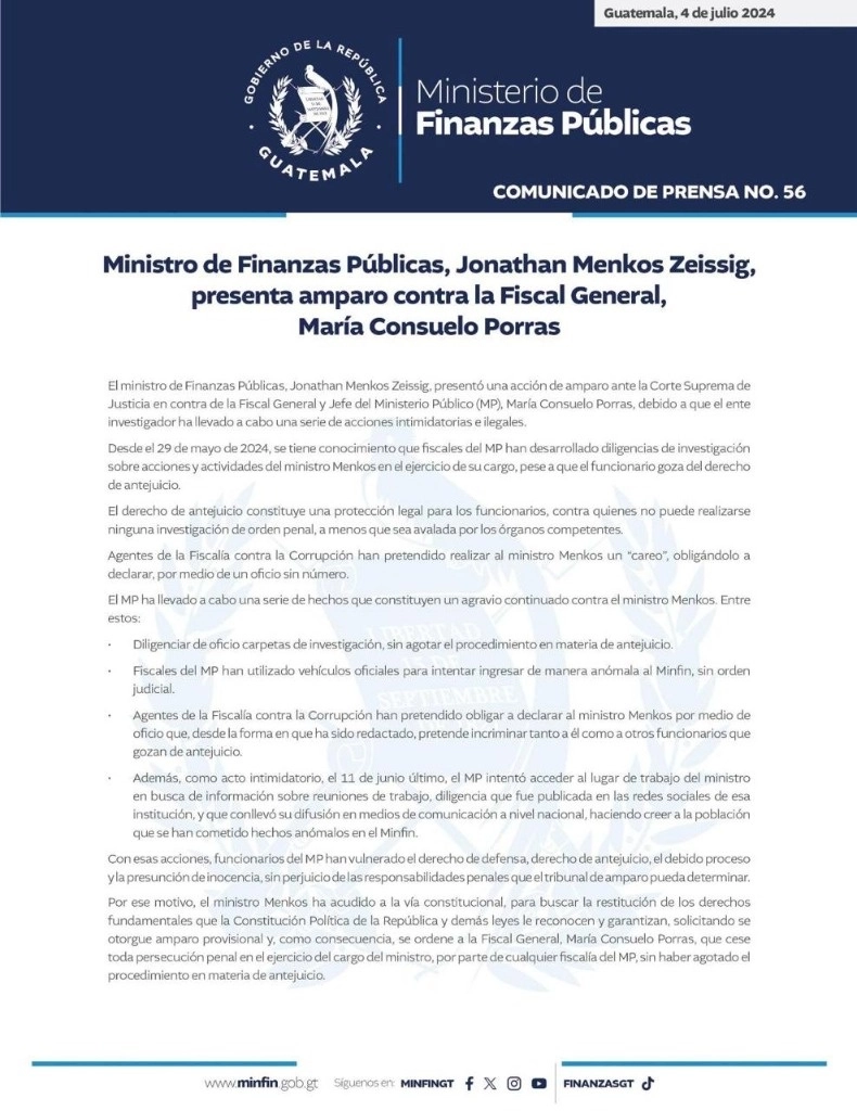 Publicación en la página oficial del Ministerio de Finanzas de Guatemala.