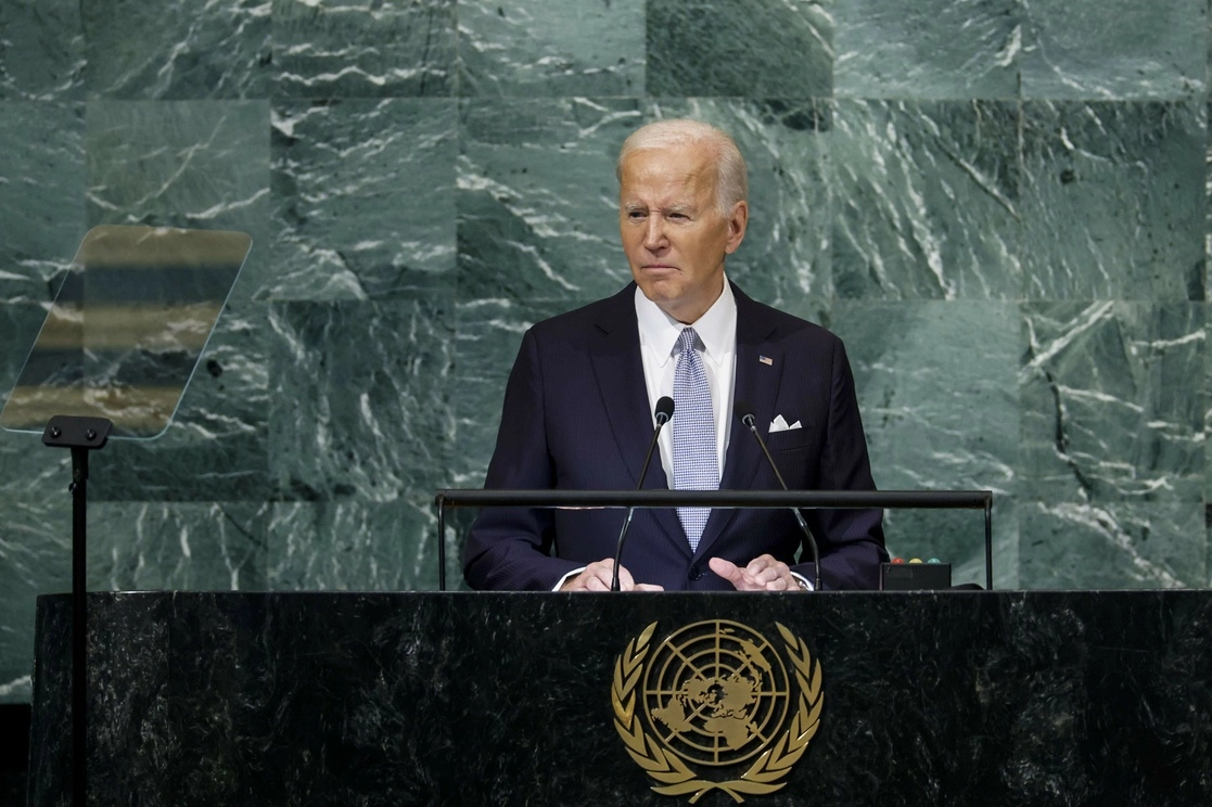 Joe Biden, presidente de EU, durante su discurso ante los representantes de 193 países en la Asamblea General de la ONU. Foto Afp