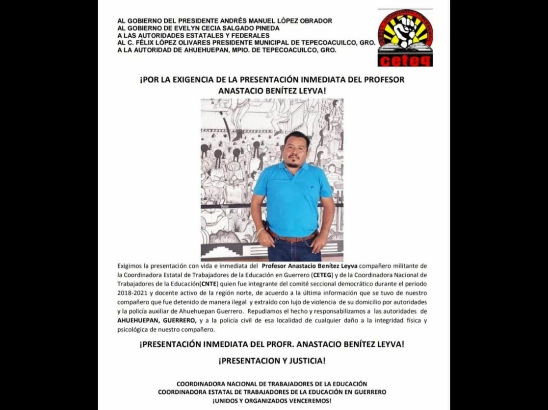 El profesor Anastasio Benítez Leyva, integrante de la Ceteg, se encuentra desaparecido desde el pasado viernes, cuando fue visto por última vez en la comunidad de Ahuehuepan, municipio de Tepecoacuilco. Imagen tomada del Twitter de @HIJOS_Mexico
