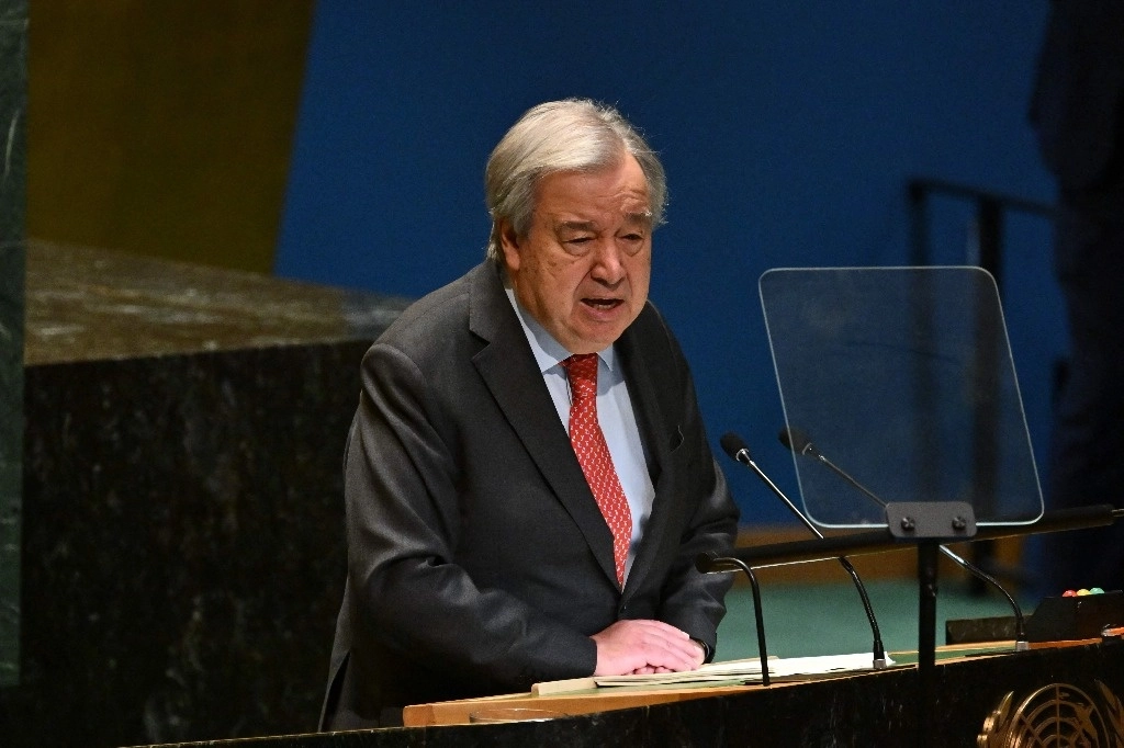 Antonio Guterres, secretario general de la ONU, habla ante la Asamblea General de Naciones Unidas en la ciudad de NY, el 15 de enero de 2025. Foto Afp
