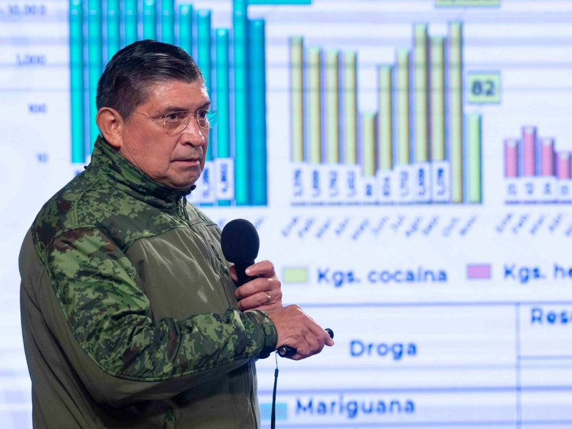 El titular de la Sedena, el general Luis Cresencio Sandoval, durante la conferencia presidencial de esta mañana. Foto cortesía Presidencia 