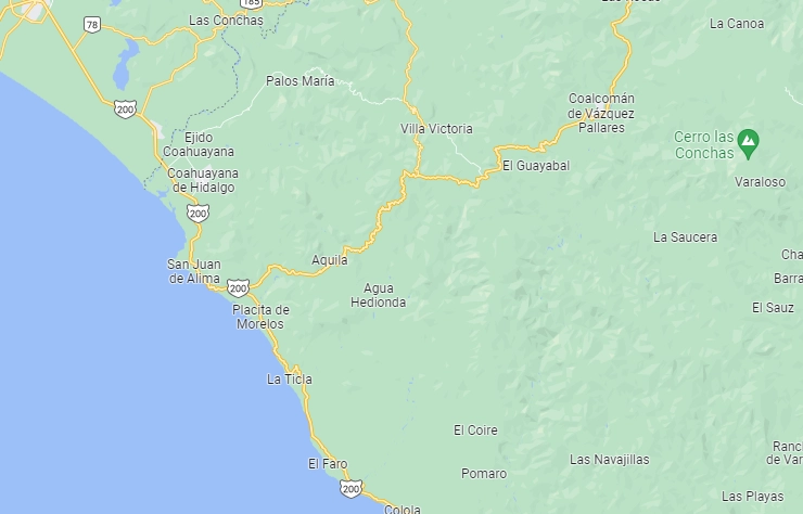 El municipio de Aquila se ubica en los límites de Michoacán y Colimas donde se han reportado tiroteos en los cerros. Foto Google Maps