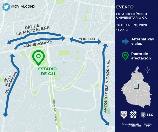 Mapa del operativo de seguridad desplegado por la SSC CDMX. Foto @OVIALCDMX 