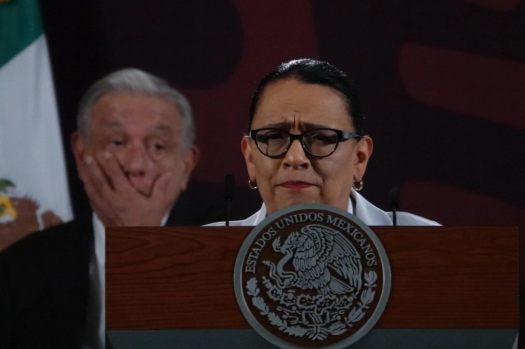 La titular de la Secretaría de Seguridad y Protección Ciudadana, Rosa Icela Rodríguez, durante la conferencia presidencial de este martes. Foto Cuartoscuro 