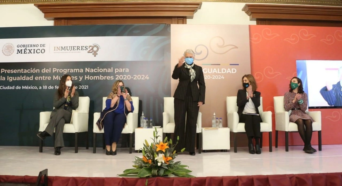 Olga Sánchez Cordero presidio la presentación de PROIGUALDAD 2020-2024 dado a conocer por Inmujeres, que confirma el compromiso de Gobernación para atender las 93 acciones que le corresponden. La transformación de México es con y para las mujeres, dijo, el 18 de febrero de 2021. Foto tomada del Twitter de @M_OlgaSCordero