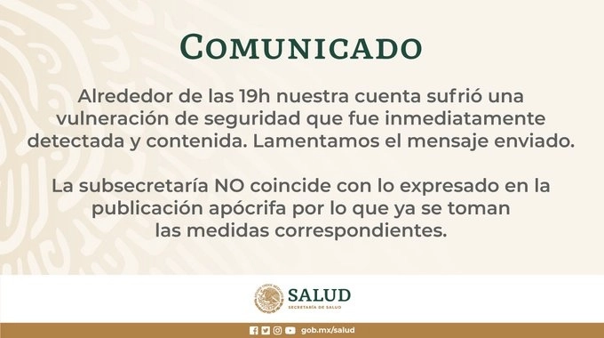 Por la noche, la dependencia federal informó que ya investiga el ataque cibernético. Imagen tomada del sitio www.gob.mx/salud