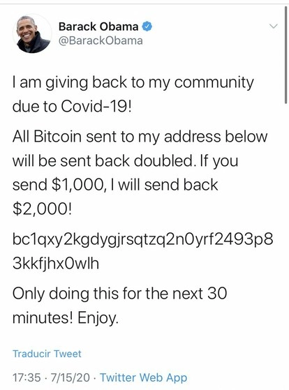 La cuenta del ex presidente de EU Barack Obama fue una de las hackeadas para un fraude de criptomonedas. Foto Twitter 