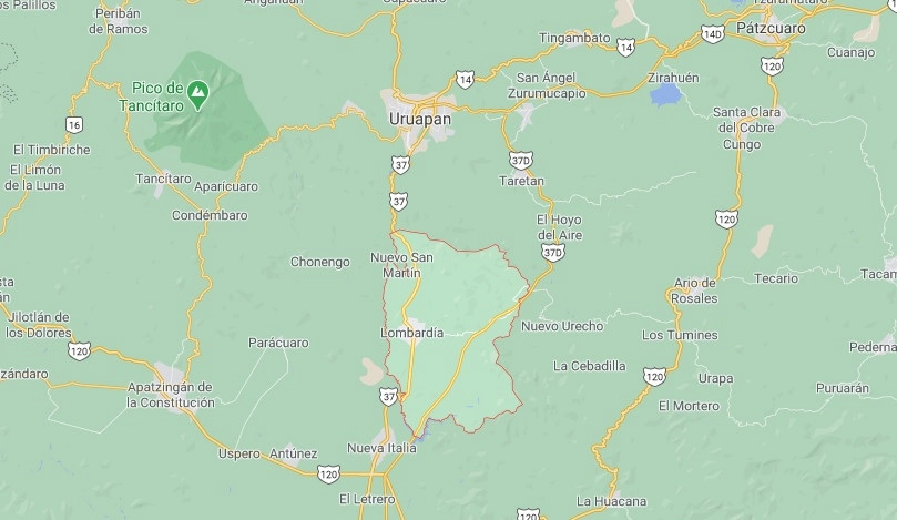 Los cuerpos de cuatro hombres, con disparos de armas de alto poder, fueron localizados en las inmediaciones del Cerro de la Cruz, municipio de Gabriel Zamora, informó la SSP de Michoacán. Imagen tomada de Google Maps
