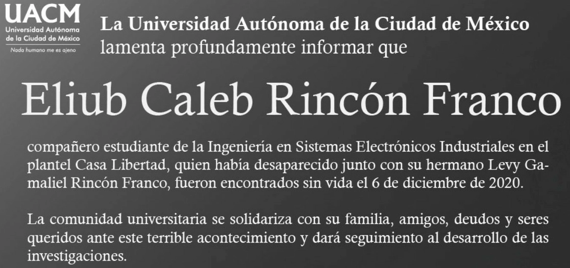  Eliub Caleb, era alumno del plantel Casa Libertad, inscrito en la carrera de Ingeniería en Sistemas Eléctricos Industriales. Imagen tomada del Twitter de la @UACM
