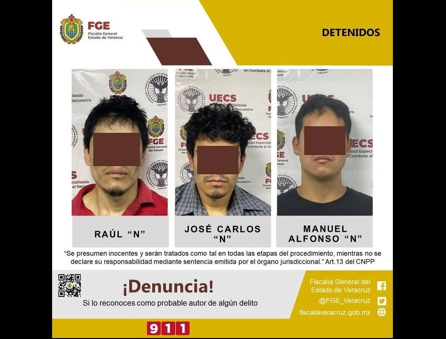 Raúl ‘N’, Manuel Alfonso ‘N’ y José Carlos ‘N’, fueron detenidos por su supuesta participación en la  desaparición de Sara Hilda. Foto Tomada del Twitter @FGE_Veracruz