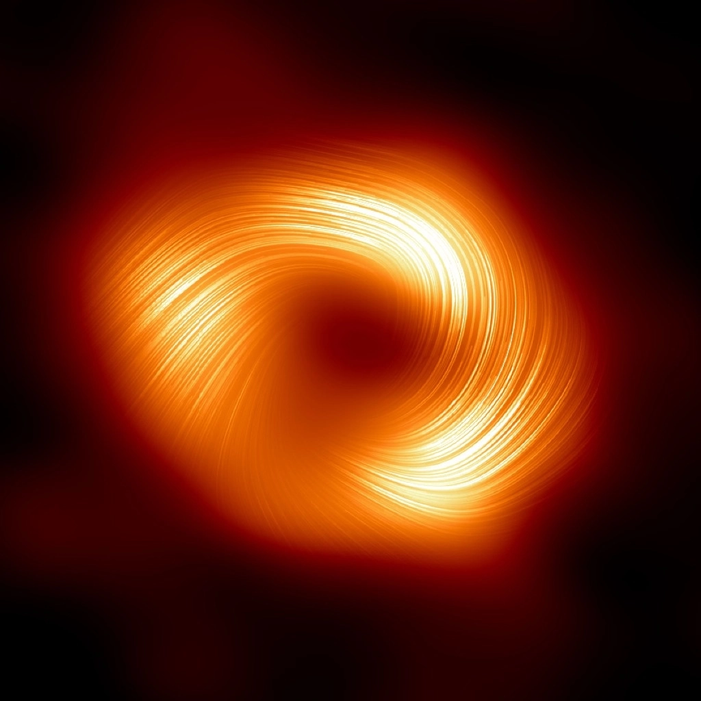 Astrónomos descubrieron poderosos campos magnéticos que se enroscan en espiral alrededor del agujero negro supermasivo Sagitario A*, situado en el corazón de la Vía Láctea, el 27 de marzo de 2024. Foto Handout / Observatorio Europeo Austral / Afp
