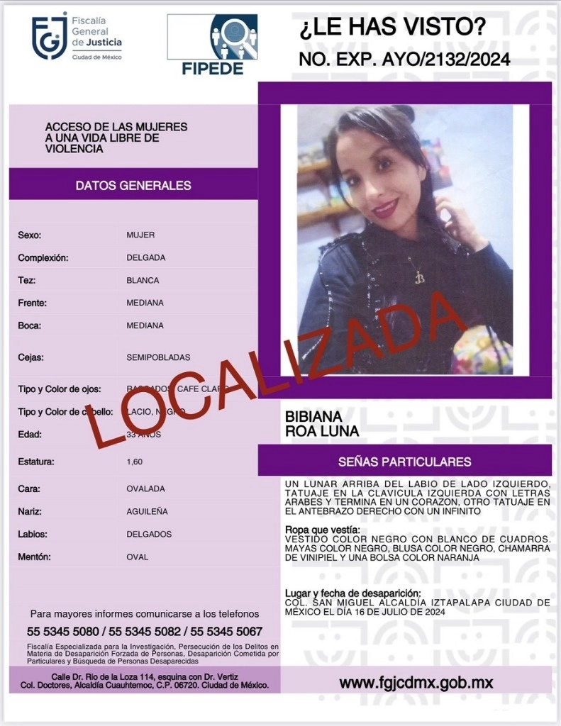 Las primeras indagatorias apuntan a que la desaparición de Bibiana Roa Luna fue voluntaria. Foto Tomada de X @FiscaliaCDMX
