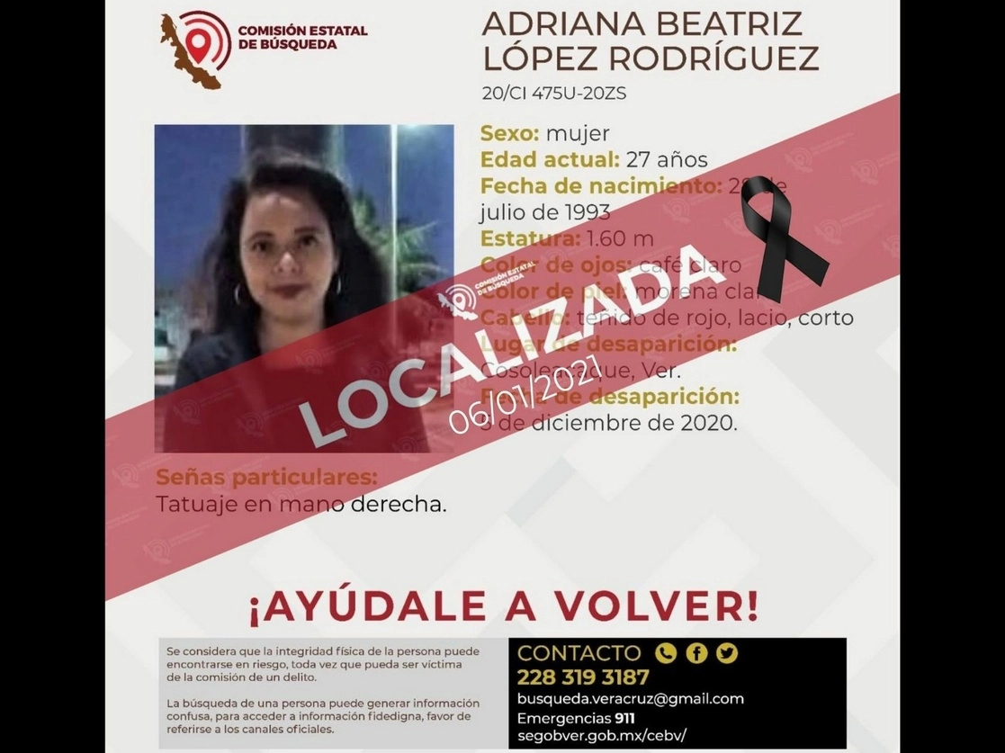 La Comisión Estatal de Búsqueda de Personas Desaparecidas de Veracruz actualizó la ficha que emitió cuando se reportó la desaparición de Adriana Beatriz López Gutiérrez, luego de que su cadáver fue localizado en un lote baldío. Imagen tomada del Twitter de @cebver