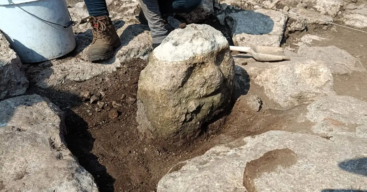 Se trata de una pieza de piedra caliza labrada a manera de un rostro antropomorfo que muestra rasgos como órbitas oculares profundas, nariz chata y labios marcados. Foto 