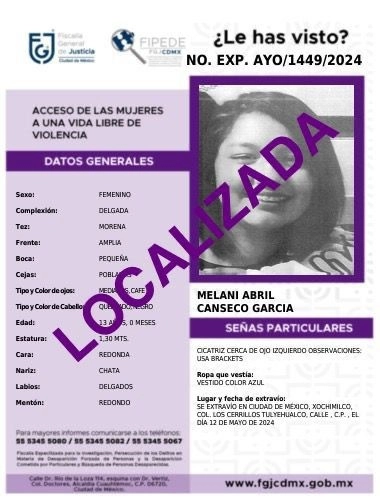 Ficha de la menor donde ya se reporta su hallazgo.