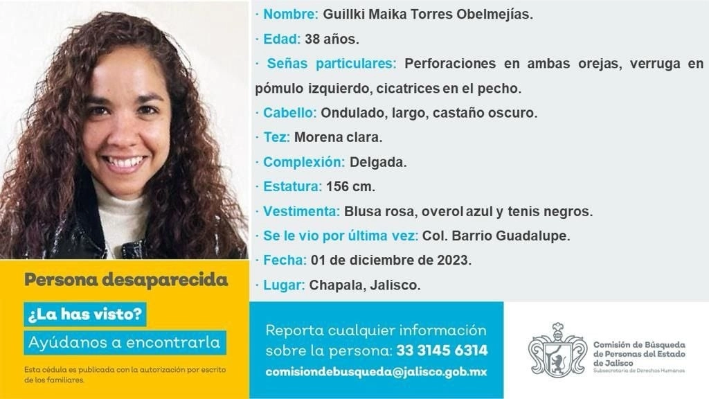 Ficha de búsqueda que fue emitida ayer por la Comisión de Búsqueda de Personas del Estado de Jalisco