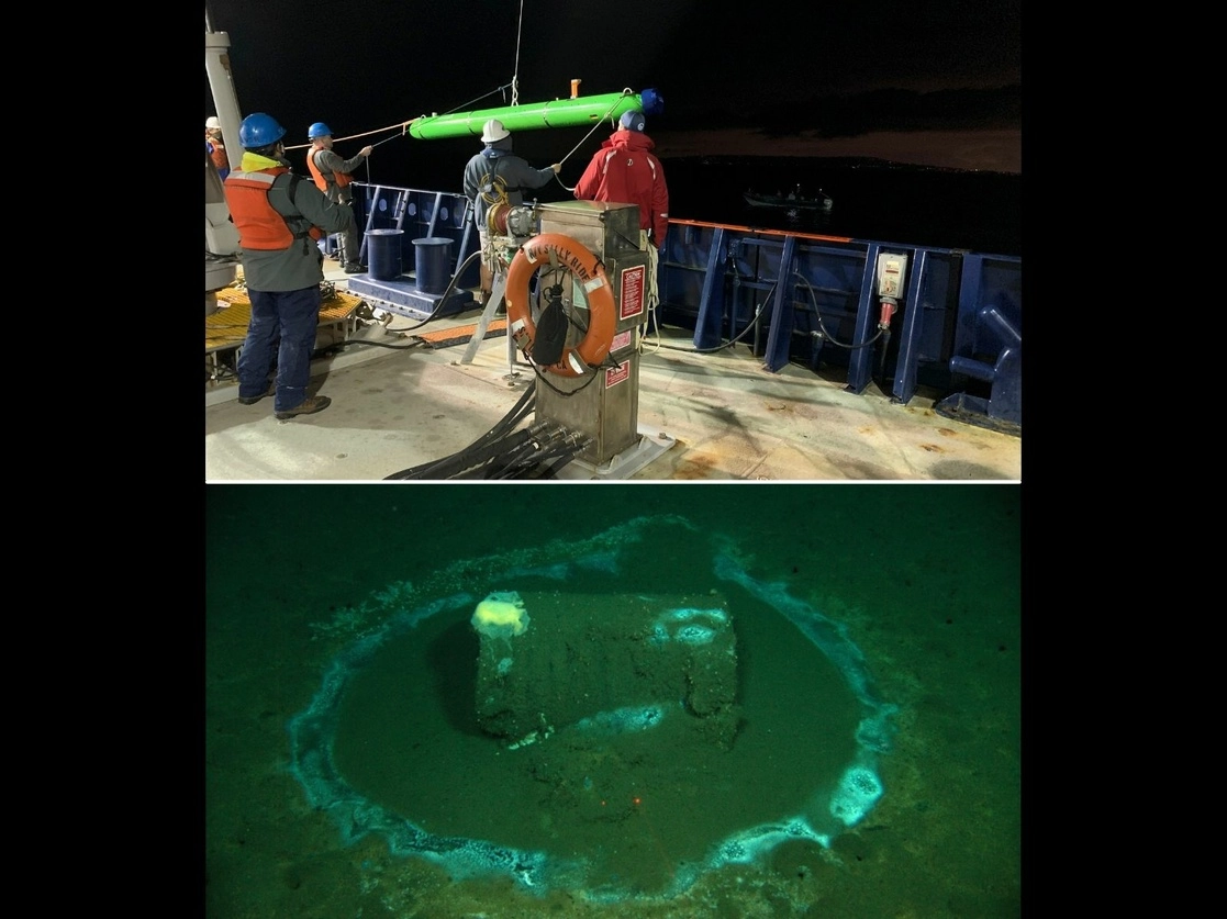Expertos a bordo del barco ‘Sally Ride’ despliegan un vehículo submarino autónomo cerca de la isla Santa Catalina. A la derecha, un depósito captado en 2011. Foto Ap