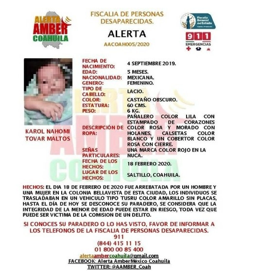 Karol Nahomi fue secuestrada el día martes 18 de febrero. Foto Página de FB Alerta Amber Coahuila