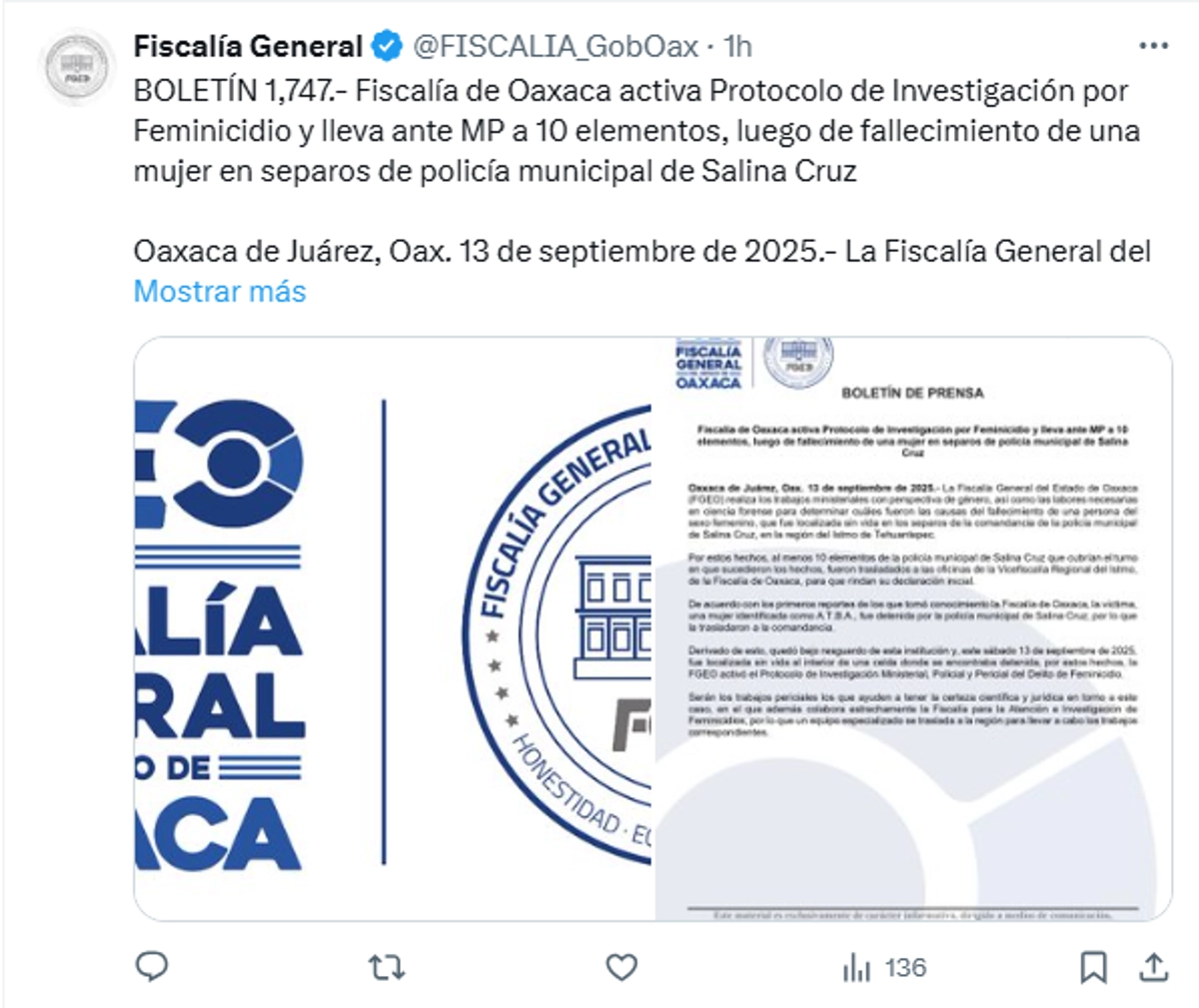 La Fiscalía General de Oaxaca ya investiga el deceso como feminicidio. Foto