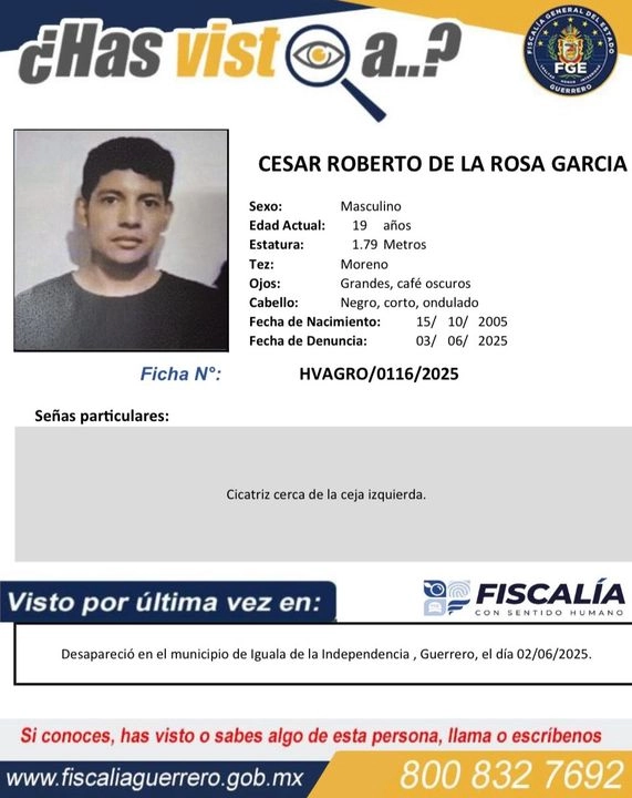 Ficha de búsqueda del joven, César Roberto de la Rosa García. Foto