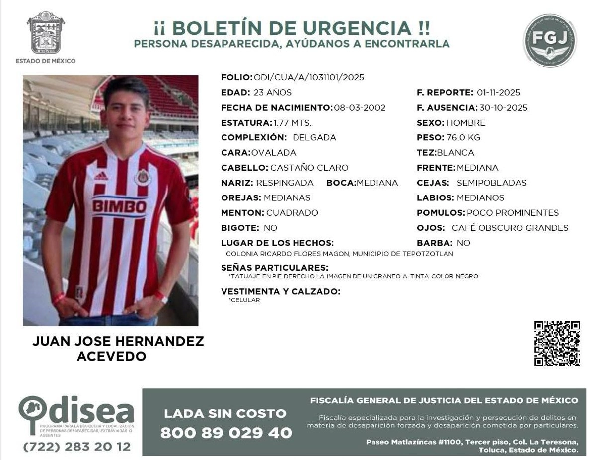 Ficha de búsqueda del joven Juan José Hernández Acevedo. Foto