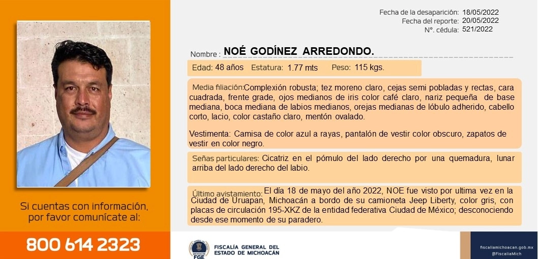 El abogado Noé Godínez Arredondo, que fungía como representante de bienes comunales del pueblo de San Francisco, fue localizado sin vida, luego de una semana de haber sido reportado como desaparecido. Imagen tomada del Twitter de @FiscaliaMich