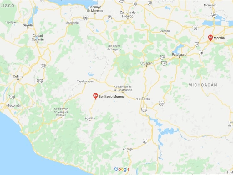 En la tenencia de El Aguaje, municipio de Aguililla, fueron localizados los restos de cinco hombres que habían sido acribillados. Imagen tomada de Google Maps