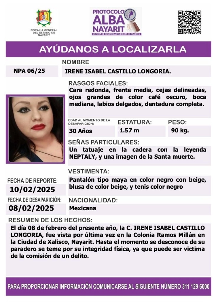 La mujer desapareció el pasado 08 de febrero en la colonia Ramos Millán, municipio de Xalisco, Nayarit