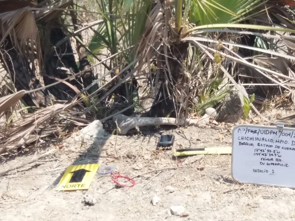 Uno de los restos hallados en una fosa clandestina en la sierra de Chichicualco, municipio de Leonardo Bravo, Guerrero, el 6 de mayo de 2021. Foto cortesía del Colectivo de Padres y Familiares de Desaparecidos, Secuestrados y Asesinados en el estado de Guerrero