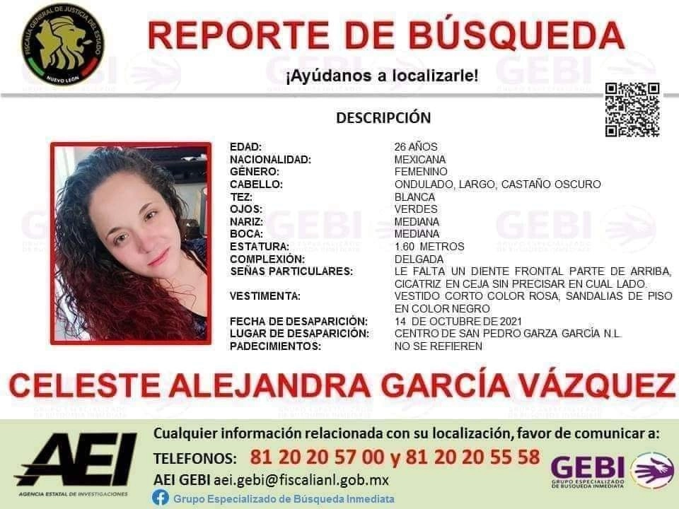 Ficha del reporte de búsqueda de Celeste Alejandra García Vázquez emitida por el Grupo Especializado en Búsqueda Inmediata. La joven de 26 años fue vista por última vez el 14 de octubre de 2021. Foto ‘La Jornada’