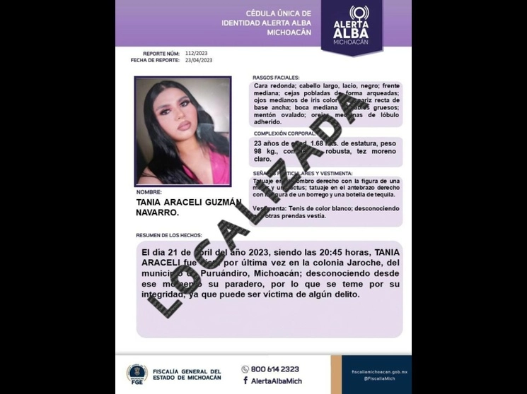 Se confirmó que Tania Araceli, ausente desde el pasado 21 de abril, es una de las siete víctimas localizadas en una barranca de Villa Morelos, el pasado 10 de mayo, informó Fiscalía General del Estado (FGE). Imagen tomada de Twitter @AlertaAlbaMich