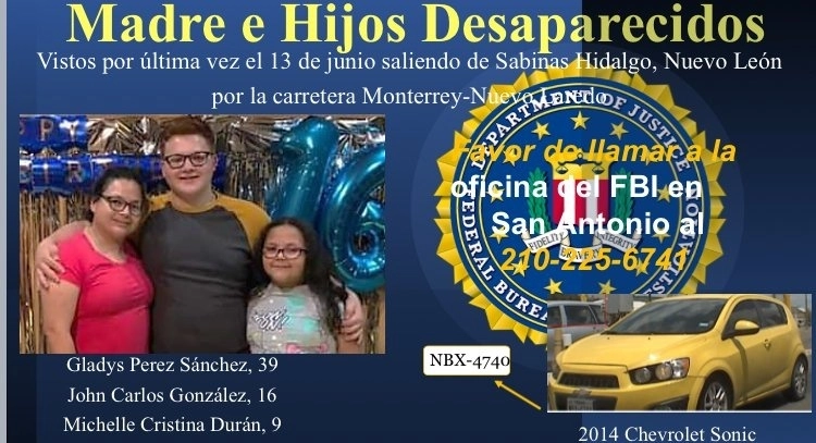 A través de redes sociales, el FBI de San Antonio pidió a la ciudadanía dar información sobre el paradero de Gladys Pérez Sánchez y sus dos hijos. Foto tomada del Twitter de @FBISanAntonio / Archivo