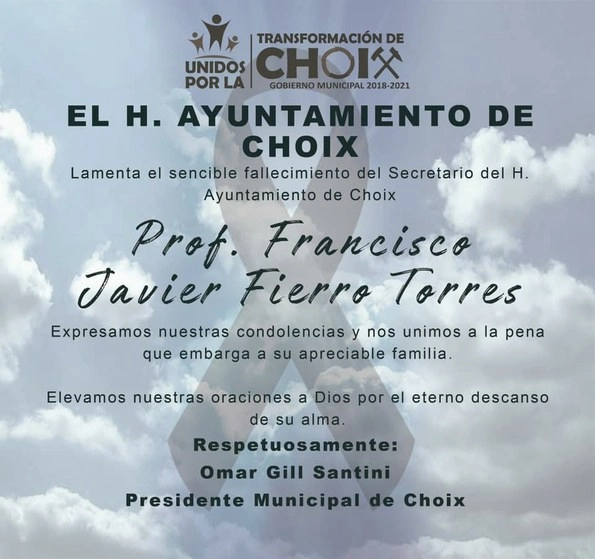 En redes sociales, el presidente municipal de Choix lamentó la muerte del Secretario del Ayuntamiento, Francisco Javier Fierro Torres. Foto tomada del Facebook del municipio
