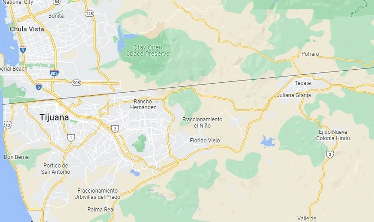 Tres cadáveres y dos cabezas fueron localizadas en la autopista Tijuana-Tecate. Imagen de Google Maps