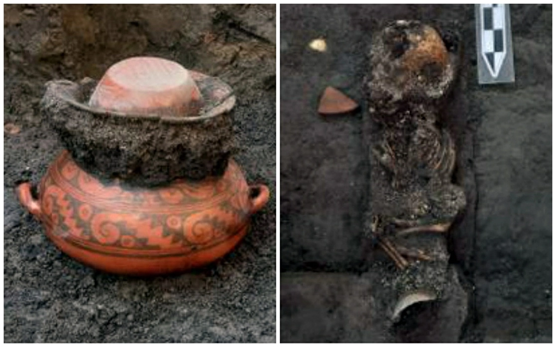 Arqueólogos del INAH informaron del descubrimiento de un enterramiento humano, gran cantidad de material cerámico y de una escultura de piedra, "de total estilo mexica", durante las labores de construcción de la nueva Subestación de Alta Tensión Buen Tono del Metro. Fotos cortesía INAH
