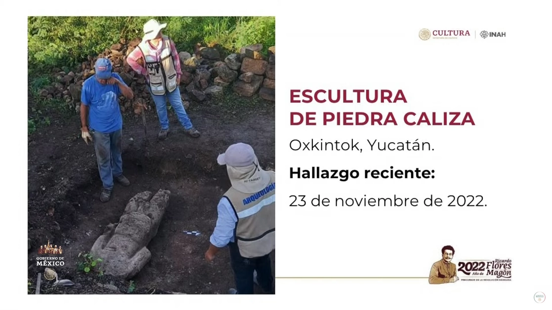 Uno de los hallazgos relevantes de días recientes se dio el 23 de noviembre pasado. Se trata de una escultura de piedra caliza localizada en la zona arqueológica Oxkintok, en Yucatán, de tamaño natural. Mide un metro con 68 centímetros, es una figura humana decapitada, representa a un guerrero que fue prisionero en combate, informó el director del INAH, Diego Prieto. Imagen presentada durante la conferencia presidencial de esta mañana 