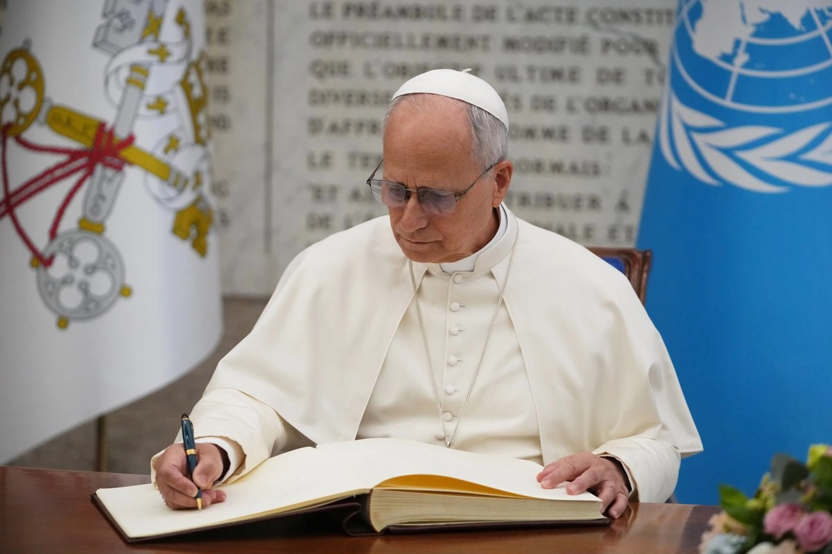 El papa León XIV participó en la ceremonia por el 80 aniversario de la Organización de Naciones Unidas para la Alimentación y la Agricultura (FAO), en Roma, Italia, el 16 de octubre de 2025. Foto 