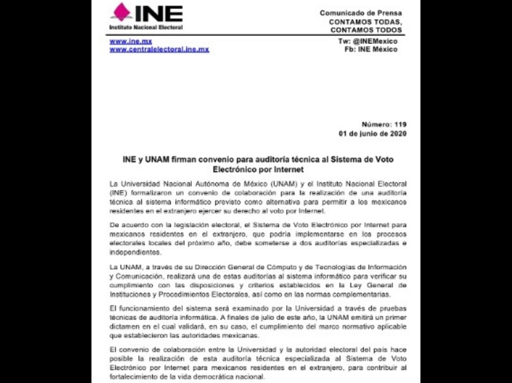 Imagen del comunicado difundido por el INE, tomada de su cuenta en Twitter @INEMexico