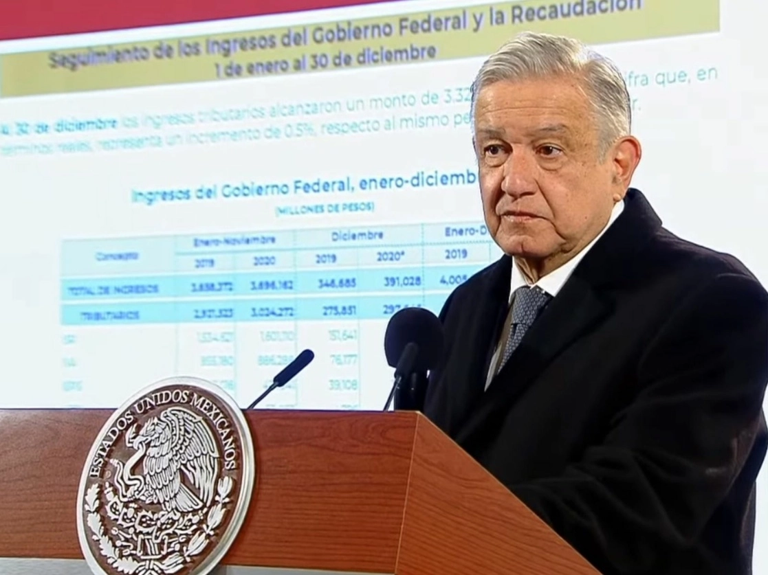 El presidente López Obrador durante el balance de labores durante 2020 presentado esta mañana desde Palacio Nacional. Imagen tomada de la transmisión en vivo