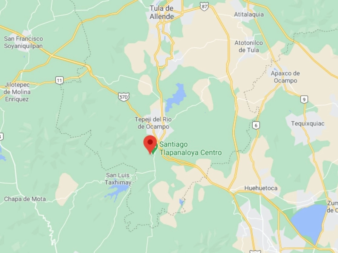El asesinato fue reportado a las 22:00 horas en la comunidad Santiago Tlapanaloya, municipio de Tepeji del Río, en Hidalgo. Imagen tomada de Google Maps 