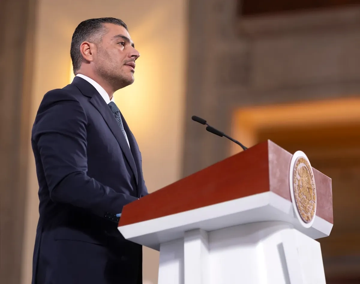 El titular de la SSPC, Omar García Harfuch, informó en la mañanera sobre los logros en seguridad. Foto 
