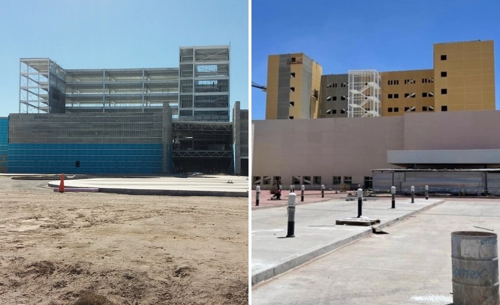 El nosocomio, a cargo del IMSS, tendrá 32 especialidades. Es una de las 90 unidades recuperadas por el gobierno federal, las cuales estaban en el abandono en sexenios pasados. Fue inaugurado en obra negra por Enrique Peña Nieto en 2015 (izquierda) y permaneció inconcluso hasta enero de 2022, cuando se ordenó rehabilitarlo. Foto Guadalupe Parada
