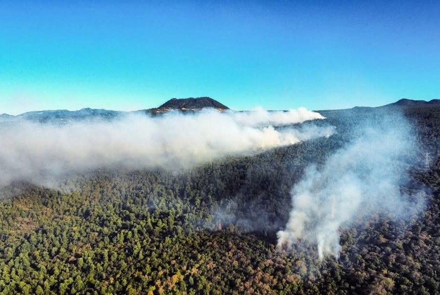 Vista de uno de los incendios forestales que afectan el barrio de Santo Domingo, en Tepoztlán.