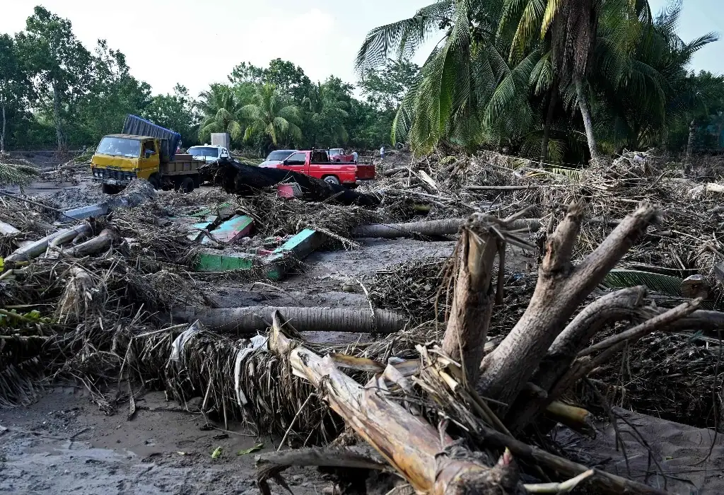 Platanales arrasados en El Progreso, departamento de El Yoro, Honduras, por los primeros vientos de la tormenta tropical 'Iota', el 14 de noviembre de 2020. El fenómeno se convirtió el domingo en huracán y amenaza a ese país centroamericano y la vecina Nicaragua. Foto Afp