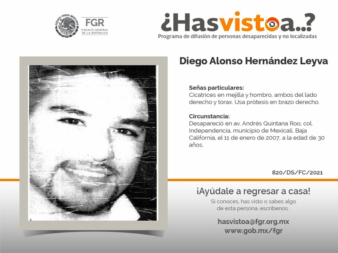 Se trata de Diego Alonso Hernández Leyva, quien desapareció el 11 de enero de 2007 cuando era agente ministerial del estado, durante el gobierno del panista Eugenio Elorduy y la Procuraduría General del Estado estaba al mando de Antonio Martínez Luna. Imagen tomada del Twitter de @FGRMexico / Archivo