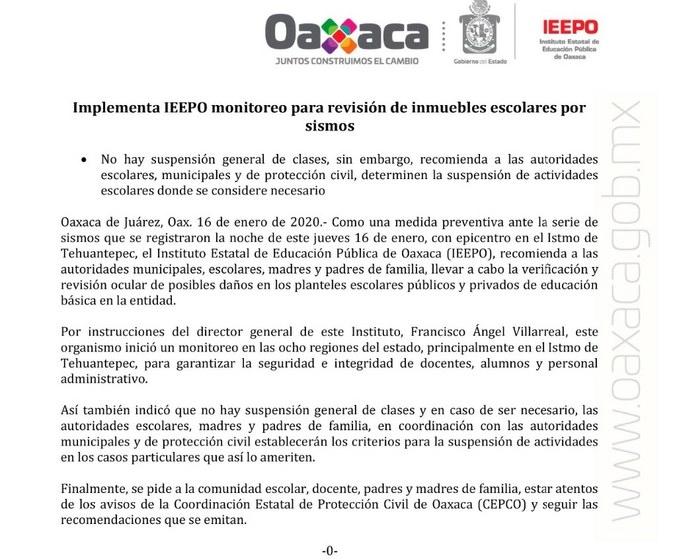 Comunicado del Instituto Estatal de Educación Pública de Oaxaca sobre los sismos reportados el jueves por la noche en la entidad. Foto Twitter @IEEPOGobOax
