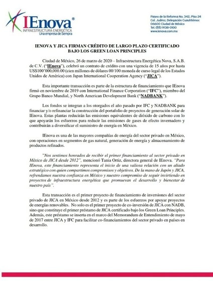 Esta transacción es el primer proyecto de financiamiento de inversiones del sector privado de JICA en México desde 2012. Imagen tomada de Twitter @Ienova_MX
