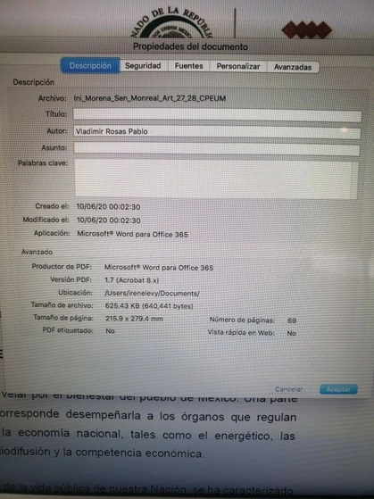 Cuadro de metadatos que menciona al comisionado como autor del documento.