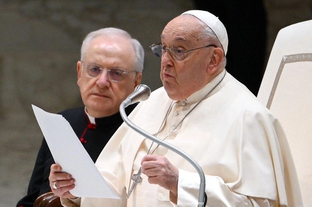 El papa Francisco durante su audiencia general semanal en el Aula Pablo VI del Vaticano, el 8 de enero de 2025. Foto Afp