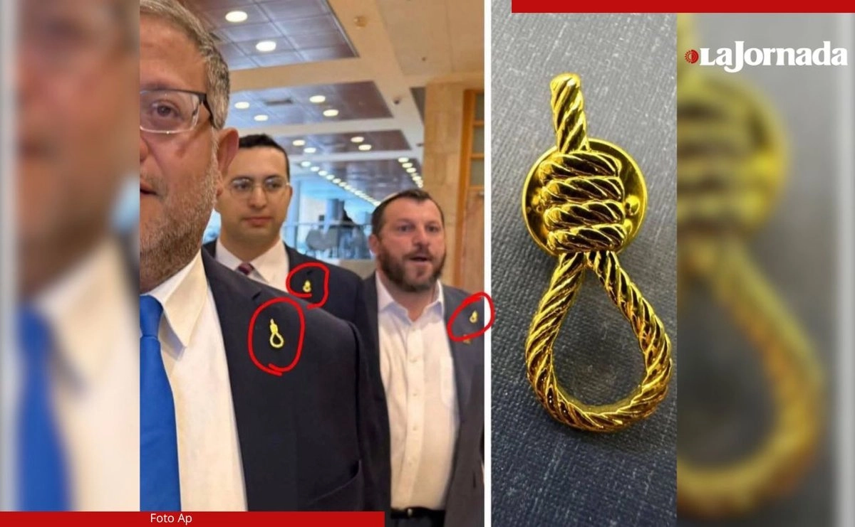  El ultraderechista Itamar Ben-Gvir (izquierda) y miembros del partido Otzma Yehudit (poder judío en hebreo) se colocaron el logotipo de una soga en lugar del lazo amarillo que reivindicaba el regreso de los rehenes capturados por Hamas.